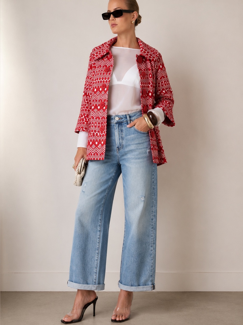 Red Geometric Print Button Front Coat